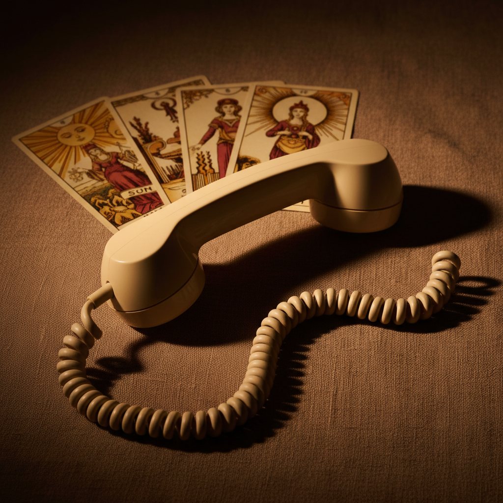 Auricular vintage de teléfono junto a tres cartas de tarot