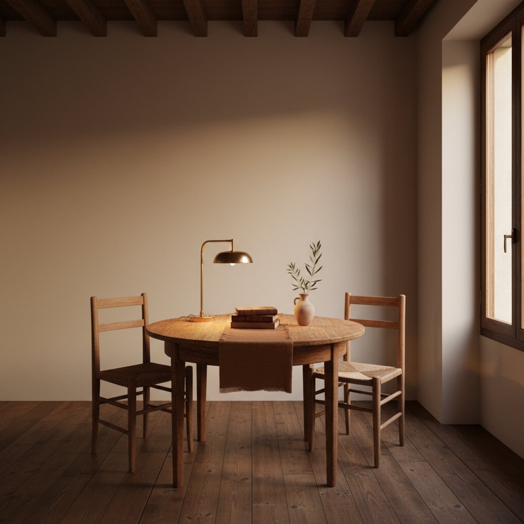 Interior del despacho en Nou Barris: mesa de madera, lámpara de bronce y luz mediterránea