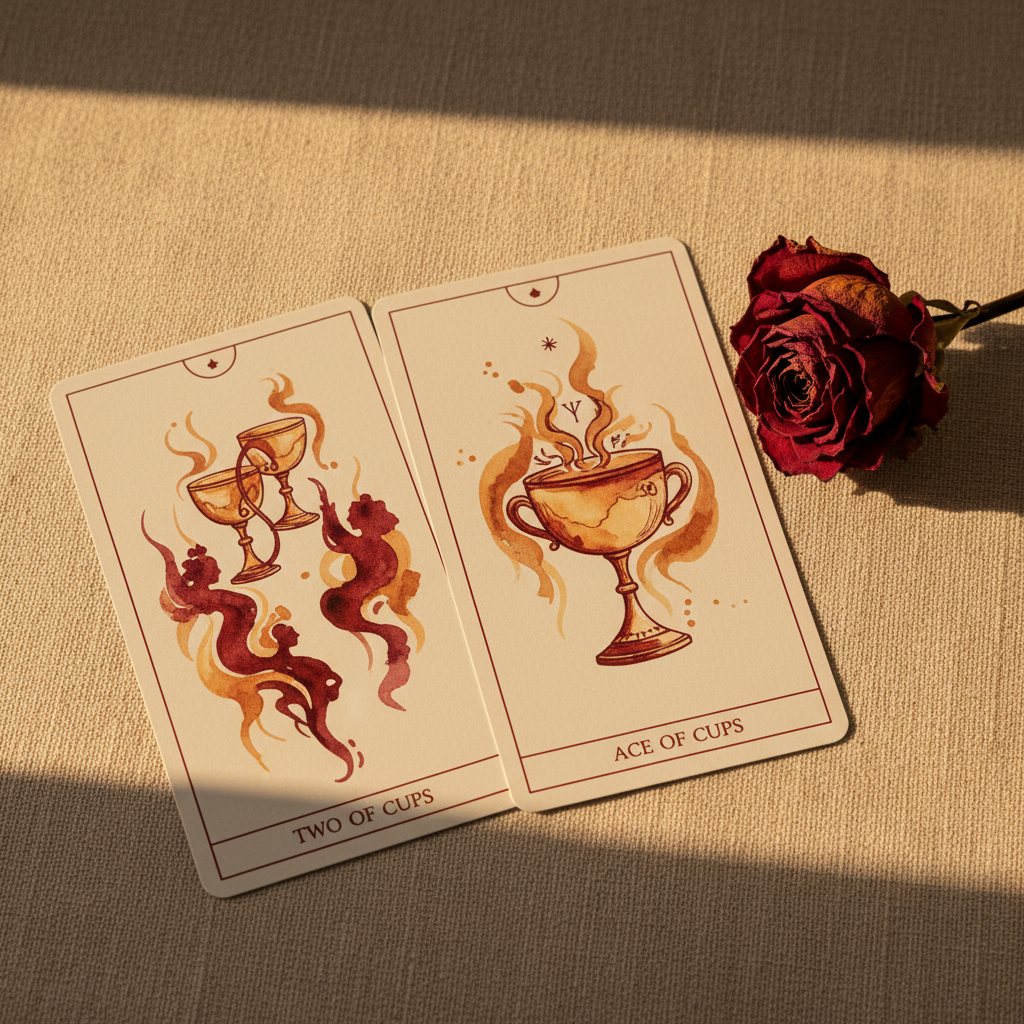 Cartas de tarot de copas con rosa seca sobre lino