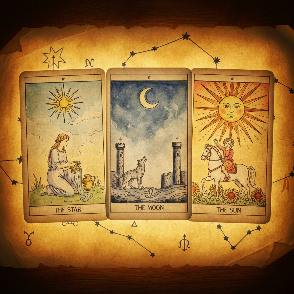 Cartas de tarot bajo papel vellum con constelación dibujada