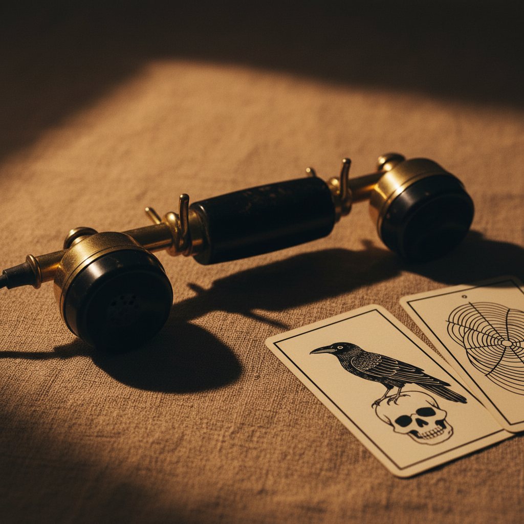 Auricular vintage de teléfono junto a cartas de tarot