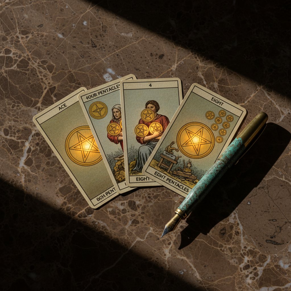 Cartas de oros con pluma de bronce sobre travertino