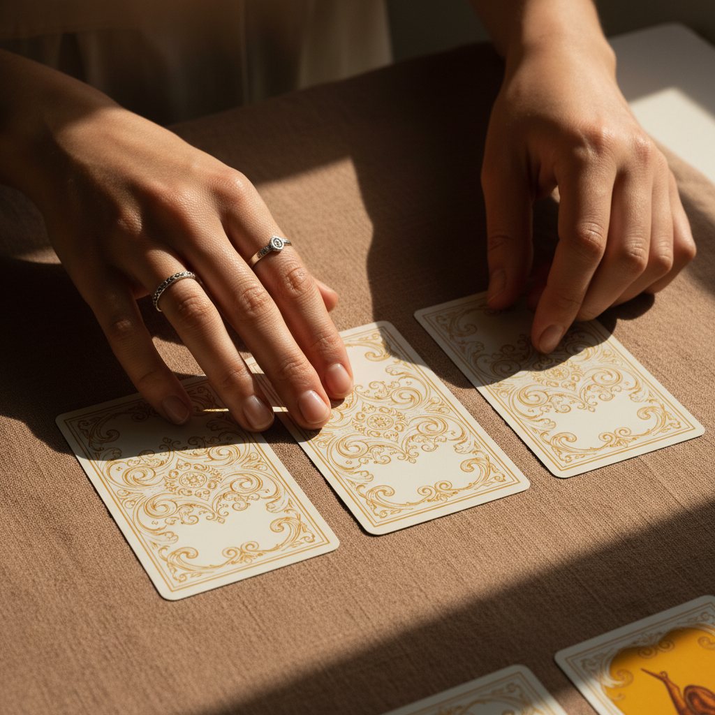Manos de Perla del Horizonte trabajando con una baraja de tarot